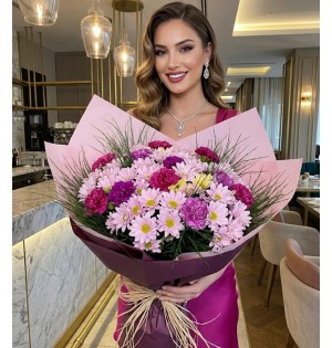 PEMBE MOR HARİKA ÇİÇEK BUKETİ
